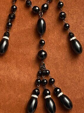 Vintage Giorgio Armani Black Beaded Drop Necklace Rhinestone Runway